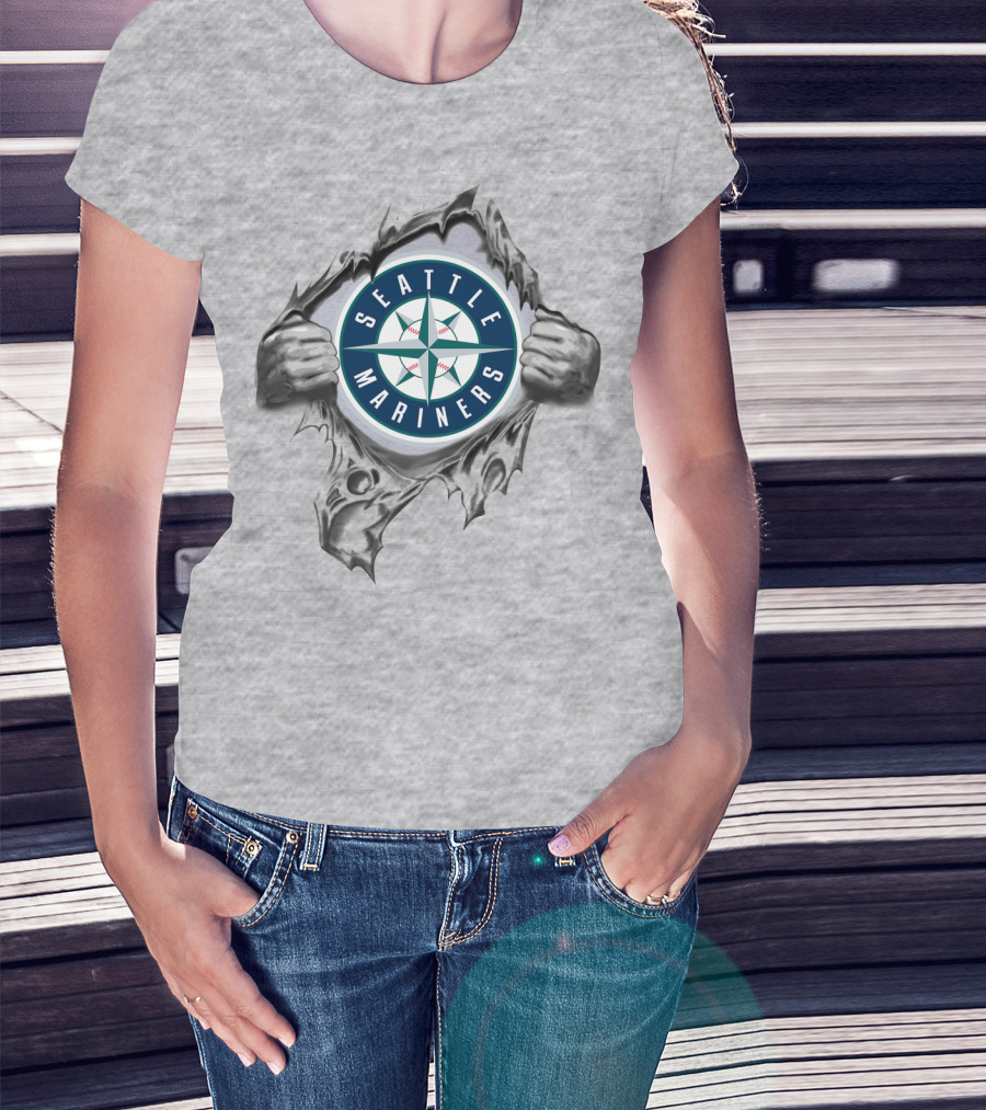 Seattle Mariners Compass Logo Breaking Through Gray T-Shirt