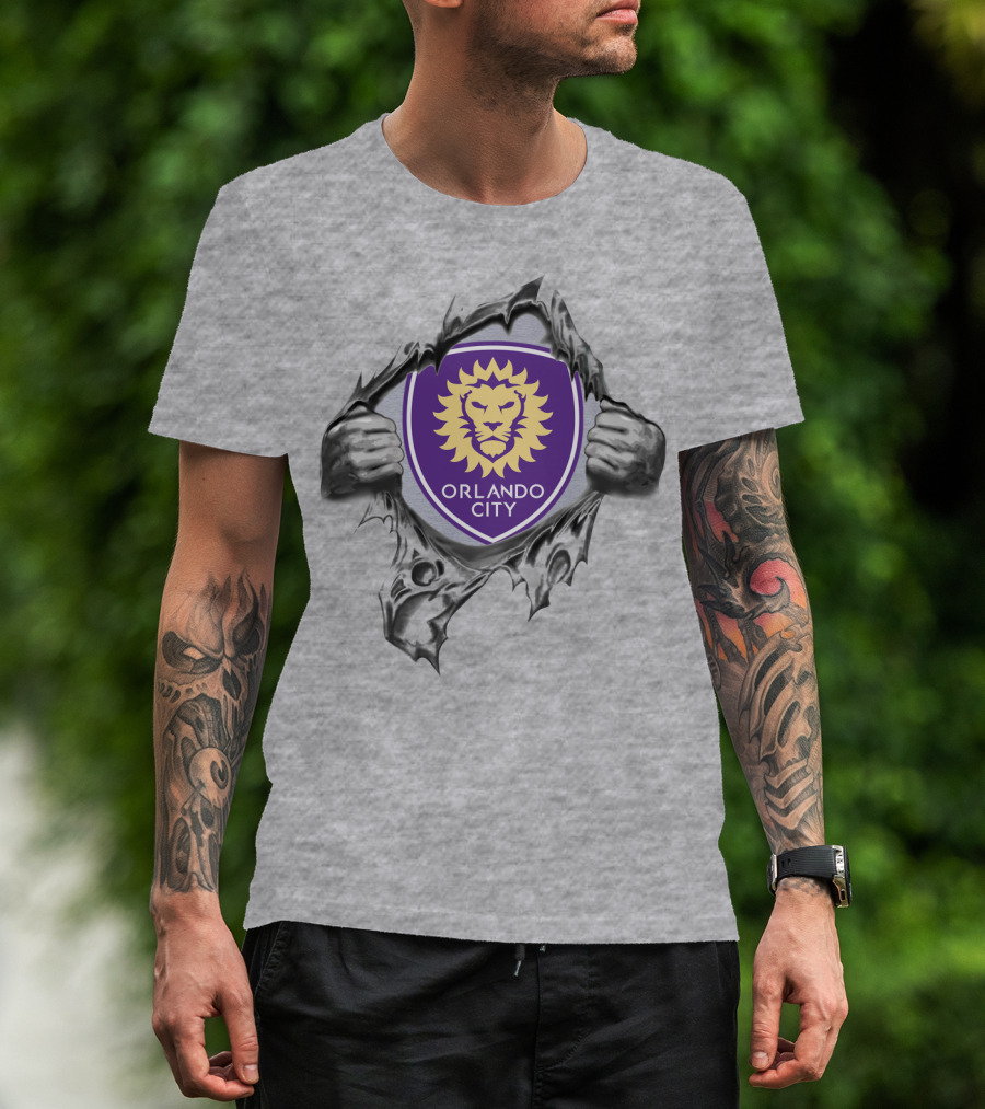 Orlando City Sc Lion Shield Peeking Through Ripped Gray T-Shirt