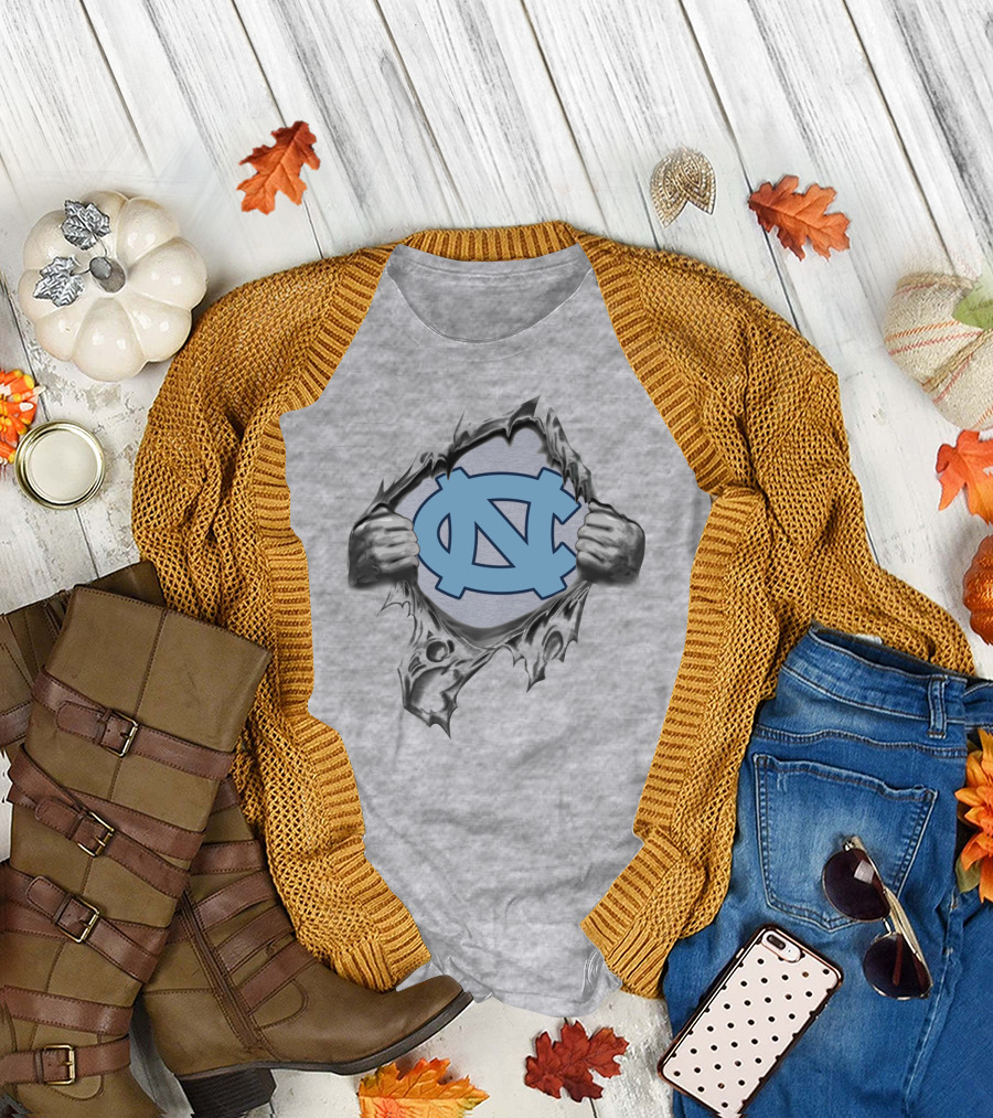 Unc Tar Heels Logo Peeking Through Ripped Gray Fabric T-Shirt