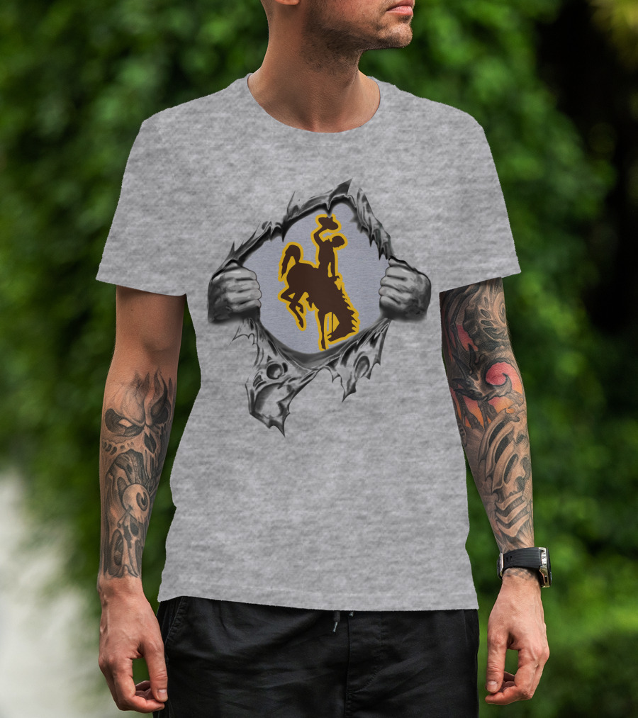 Wyoming Cowboys Bucking Horse And Rider Symbol Tearing Through Surface T-Shirt