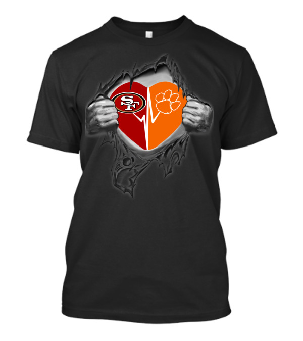 Clemson Tigers Heartbeat With San Francisco 49ers Logo Fusion T-Shirt