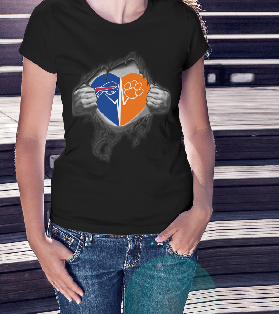 Buffalo Bills Heart Clemson Tigers Paws Logo Peeking T-Shirt