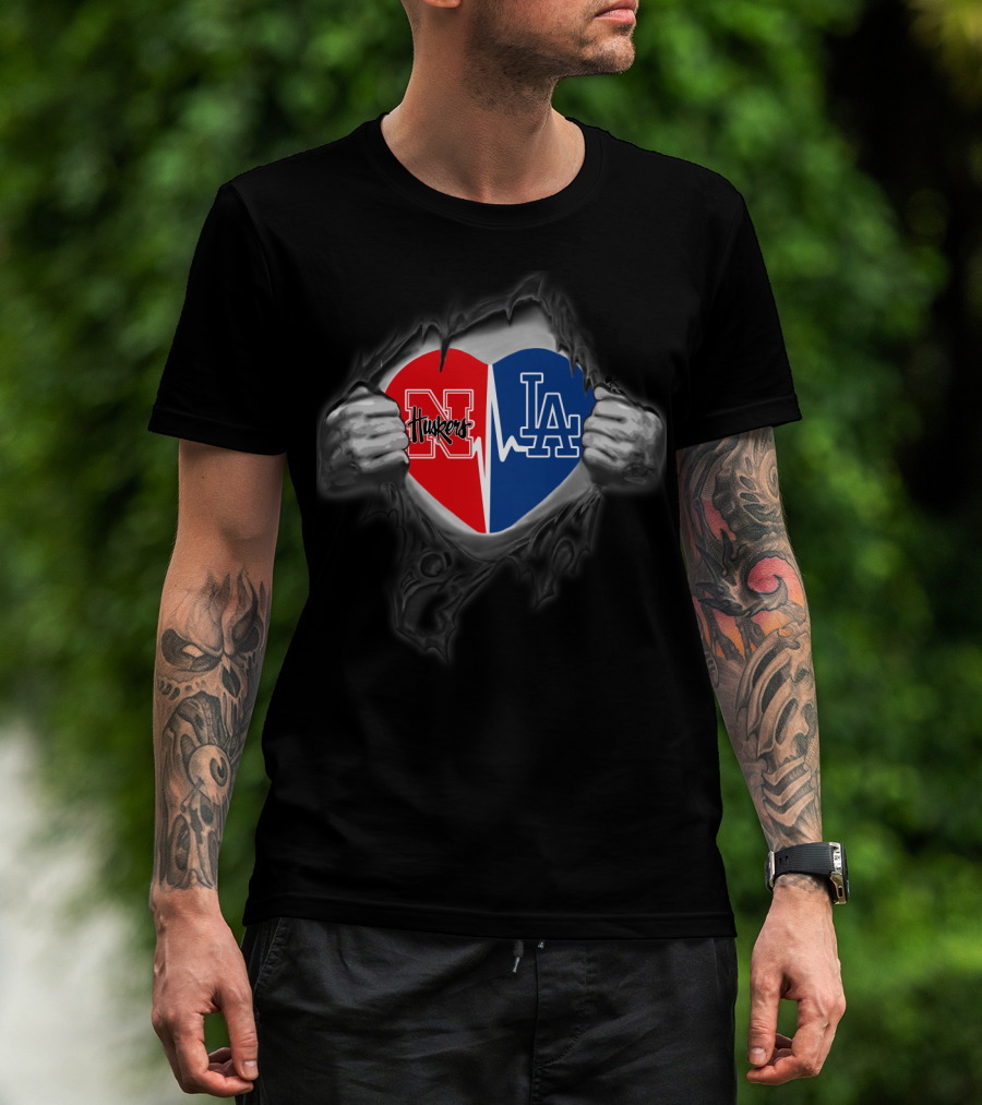 Dodgers Nebraska Cornhuskers Heart Design With Hands Pulling Open T-Shirt