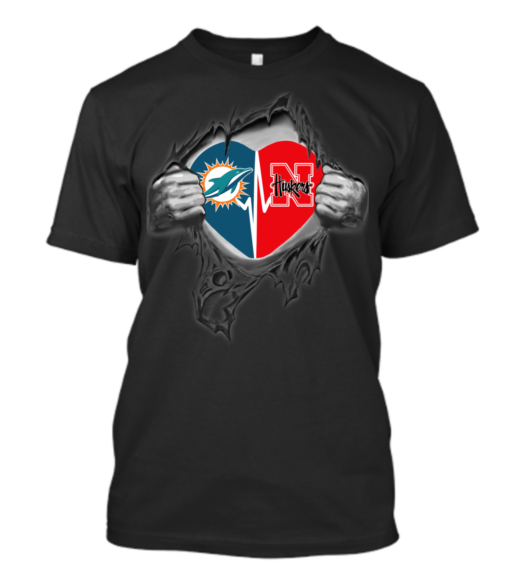 Dolphins Nebraska Cornhuskers Heart Logo Torn Fabric T-Shirt