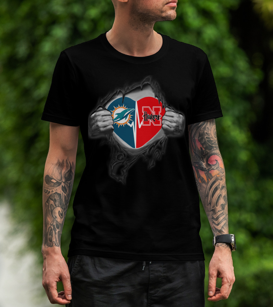 Dolphins Nebraska Cornhuskers Heart Logo Torn Fabric T-Shirt