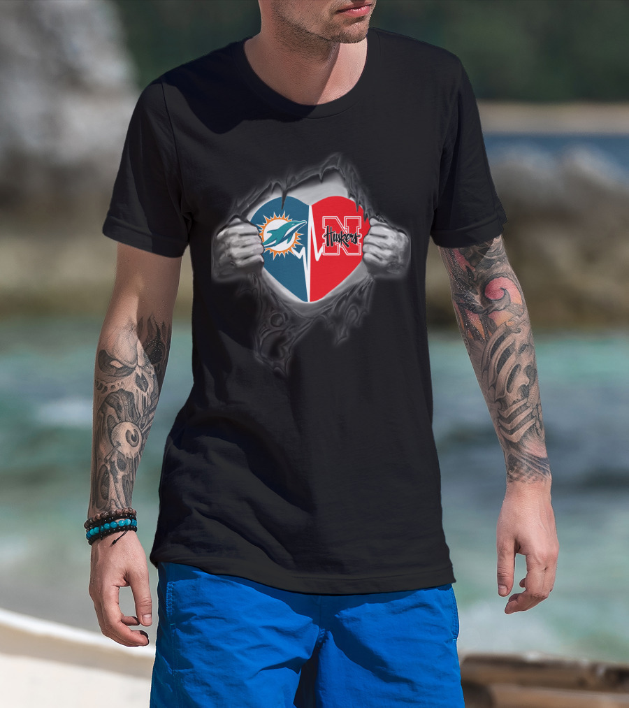 Dolphins Nebraska Cornhuskers Heart Logo Torn Fabric T-Shirt