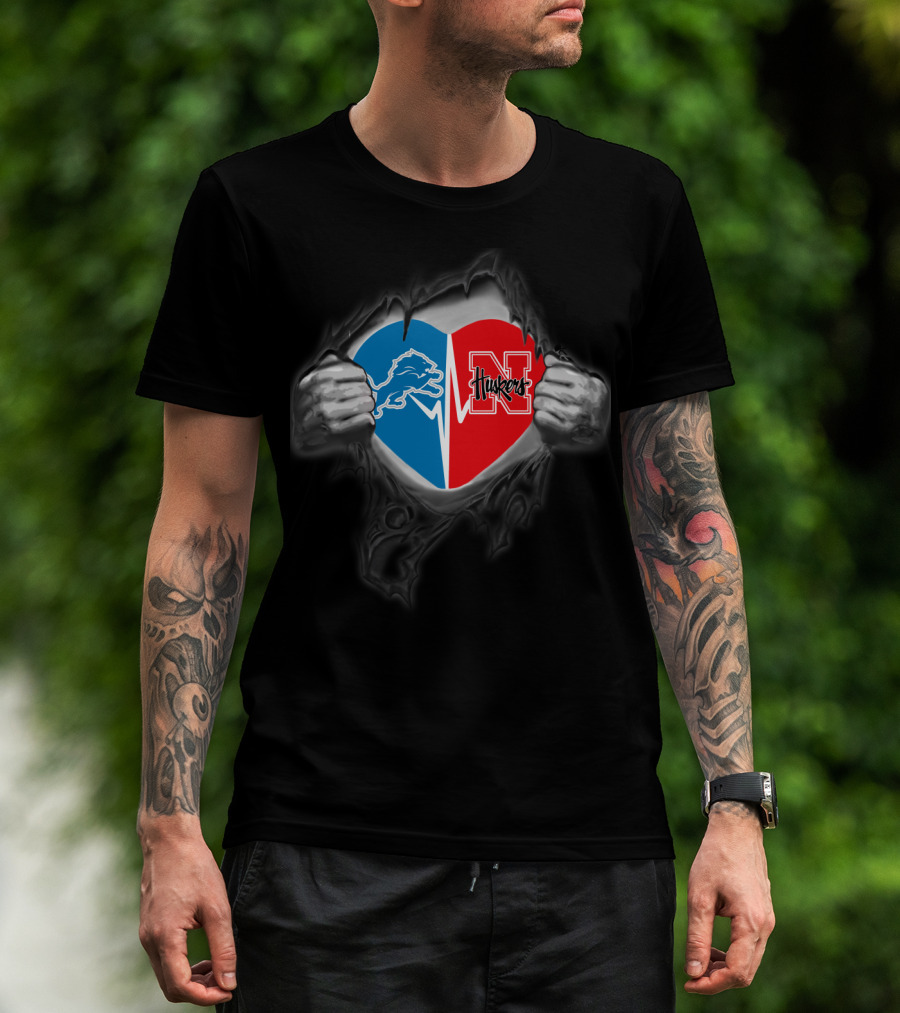 Detroit Lions Nebraska Huskers Heart Torn Open T-Shirt