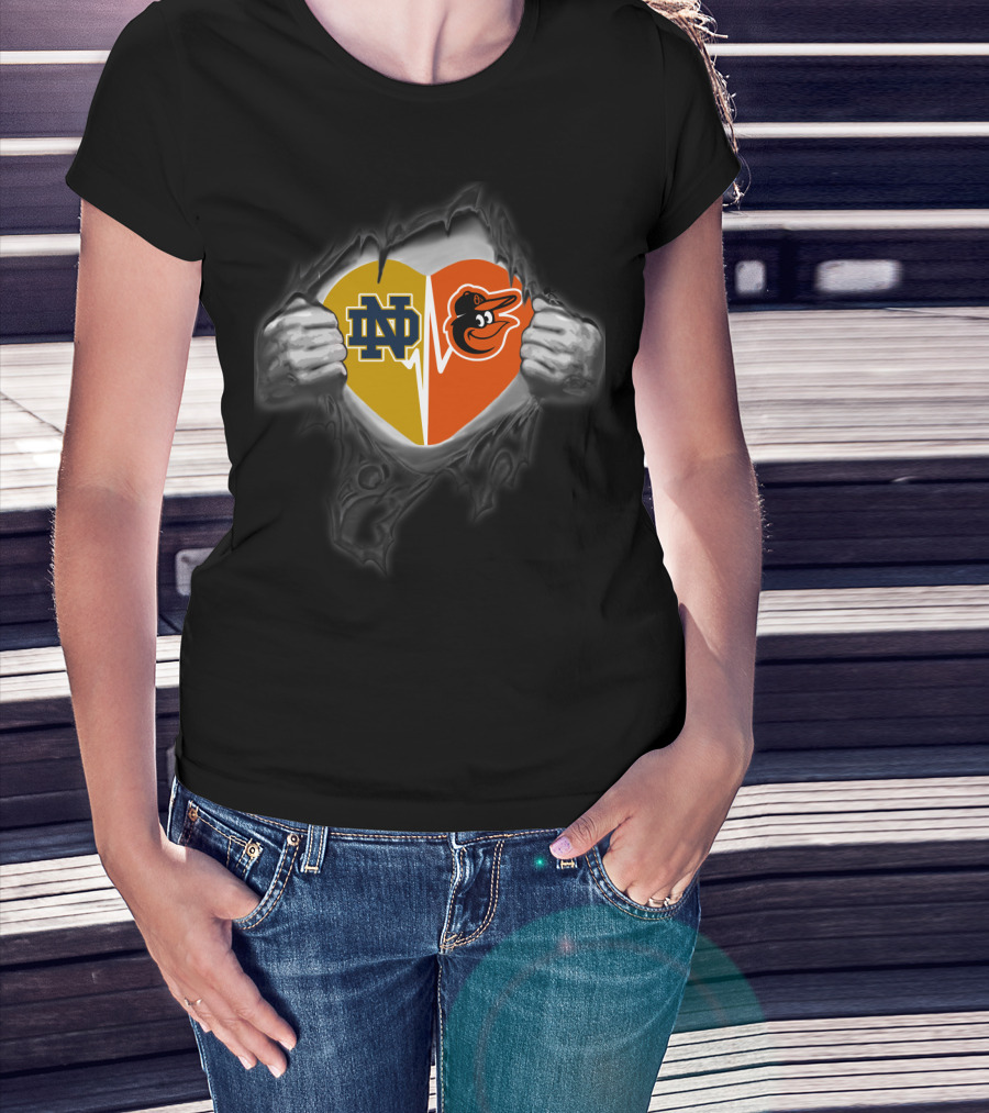 Notre Dame Fighting Irish And Baltimore Orioles Heart Fusion T-Shirt