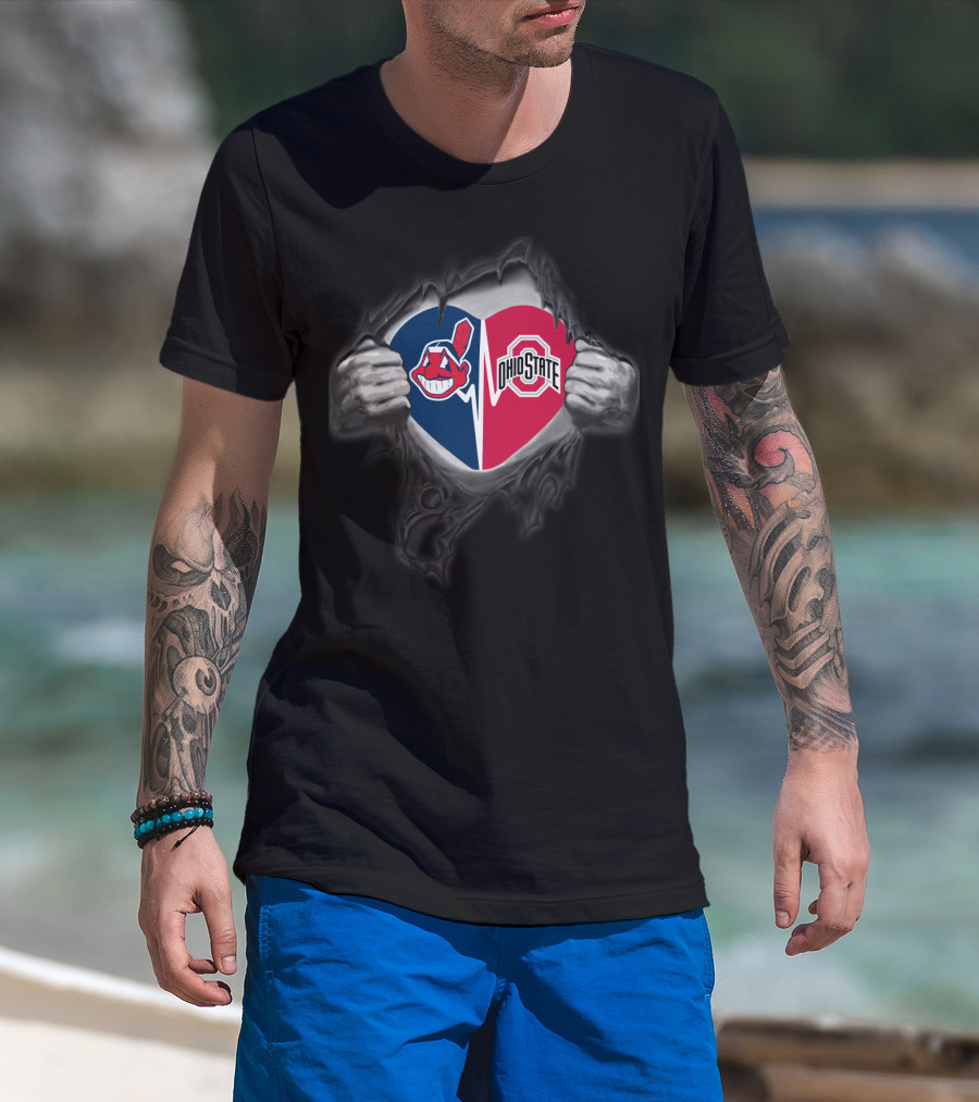 Cleveland Indians Chief Wahoo Logo And Ohio State Buckeyes Split Heart Tear T-Shirt