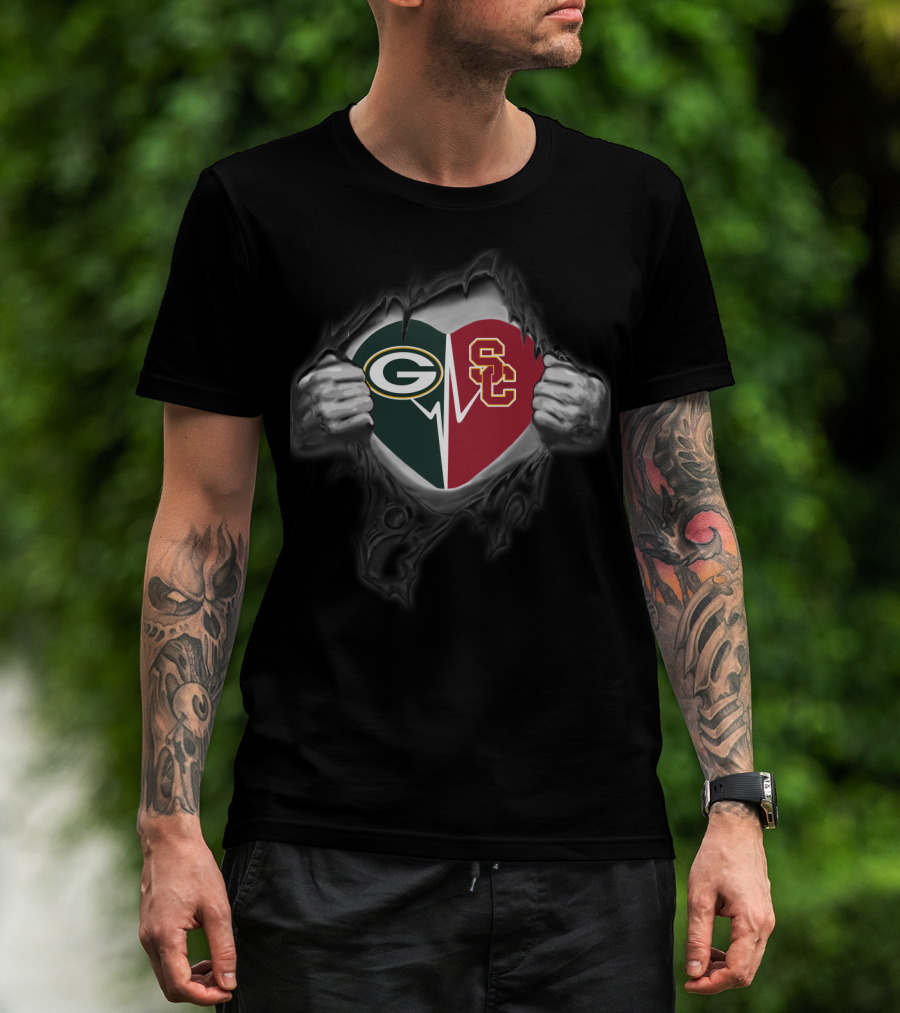 Packers Usc Trojans Heart Design With Dual Logos T-Shirt