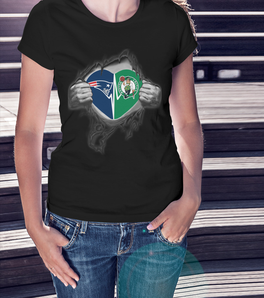New England Patriots Boston Celtics Heart Duo T-Shirt