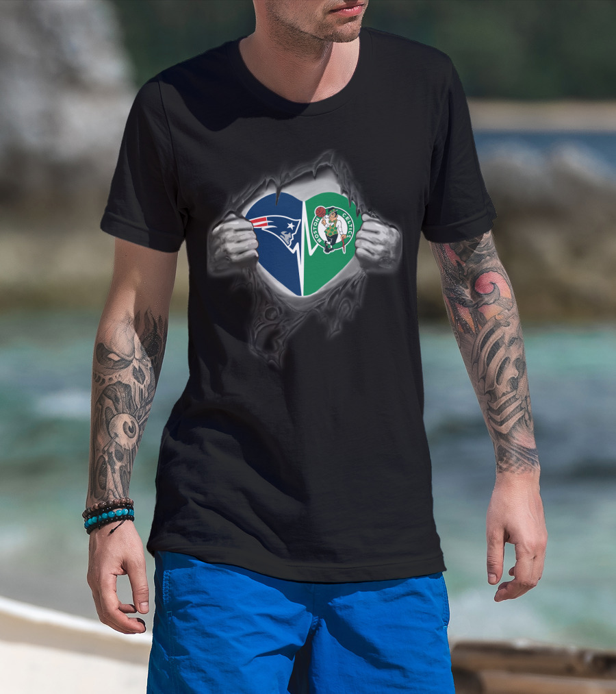 New England Patriots Boston Celtics Heart Duo T-Shirt
