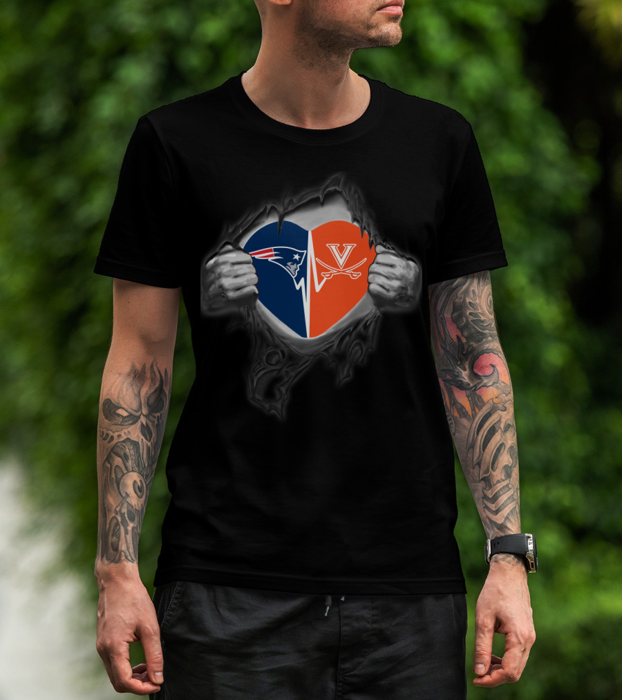 New England Patriots And Virginia Cavaliers Heart Logo Fusion T-Shirt