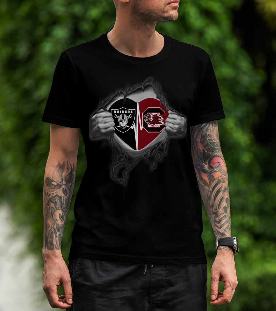 Raiders Gamecocks Heartbeat Logo Fusion T-Shirt