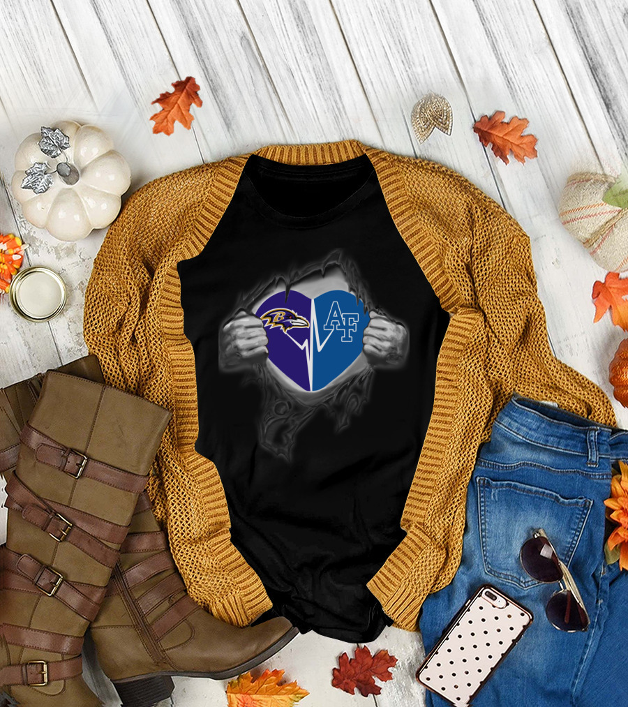 Ravens And Air Force Falcons Heart Design With Torn Fabric Effect T-Shirt
