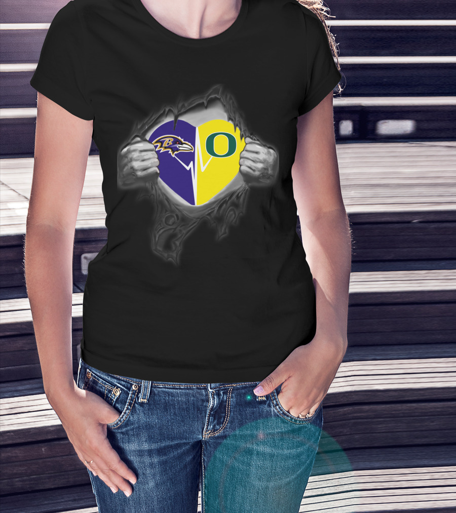 Baltimore Ravens Heart Oregon Ducks Football Loyalty Fusion T-Shirt