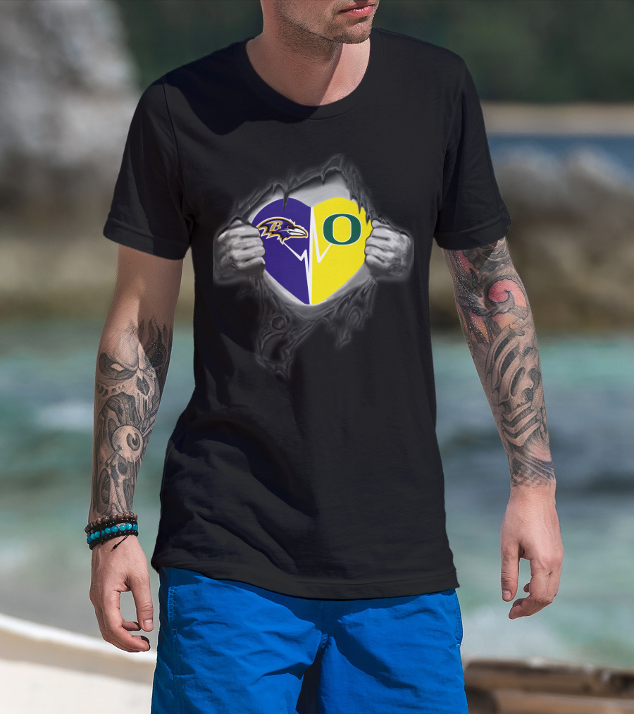 Baltimore Ravens Heart Oregon Ducks Football Loyalty Fusion T-Shirt