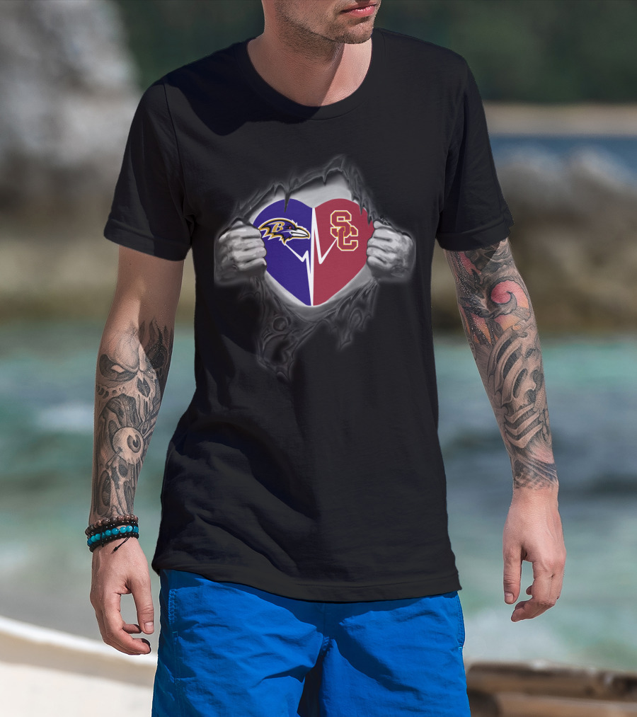 Baltimore Ravens Usc Trojans Heartbeat Split T-Shirt