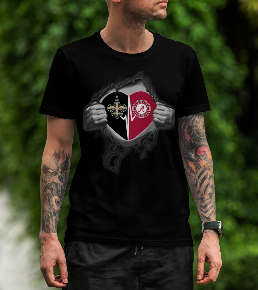 Saints And Alabama Crimson Tide Heart Torn Open T-Shirt