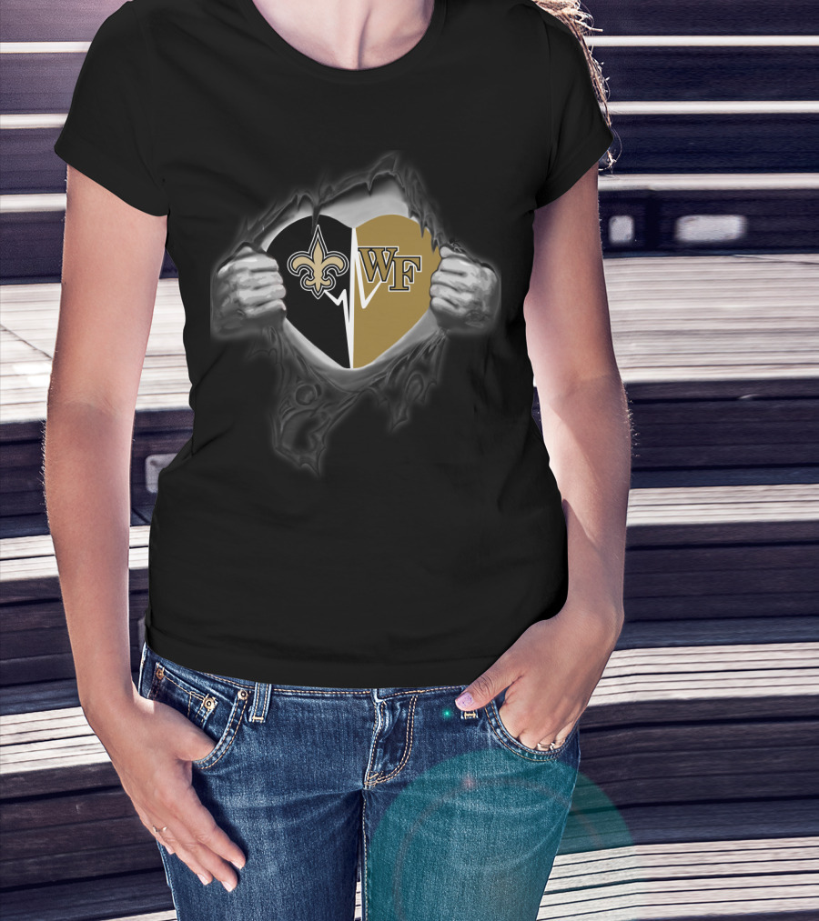 Saints New Orleans And Wake Forest Heart Logo Tear T-Shirt