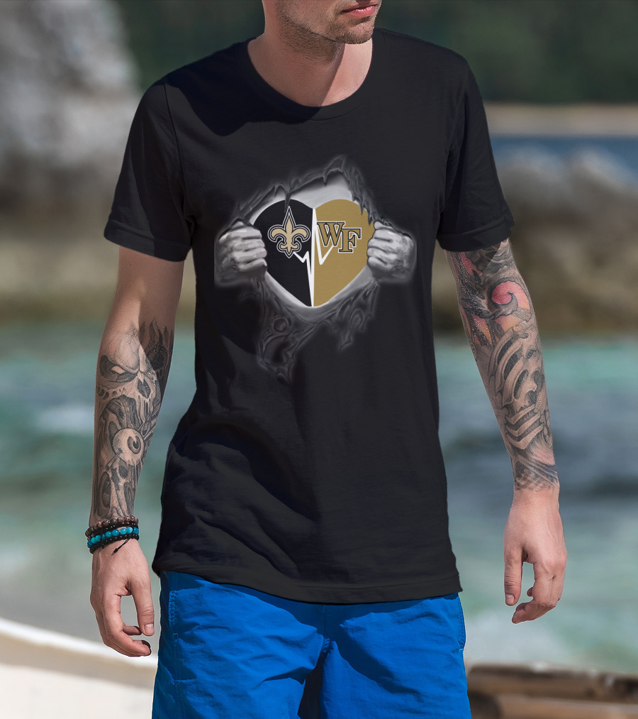 Saints New Orleans And Wake Forest Heart Logo Tear T-Shirt