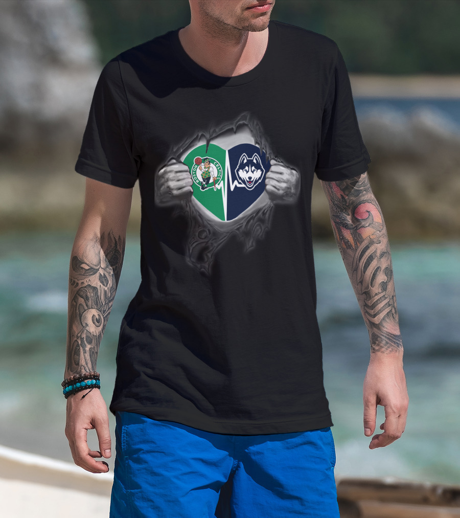 Boston Celtics And Uconn Huskies Heart Logo Fusion T-Shirt