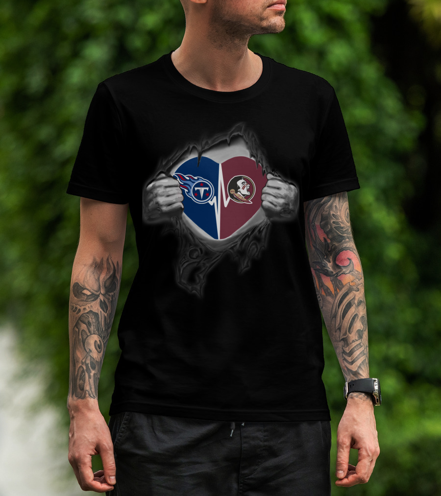 Tennessee Titans And Florida State Seminoles Heart Inside Ripped Chest T-Shirt