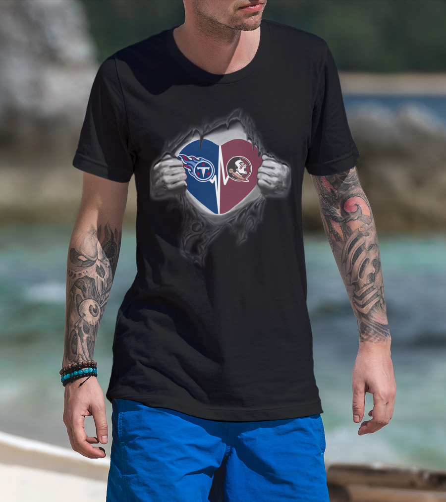 Tennessee Titans And Florida State Seminoles Heart Inside Ripped Chest T-Shirt