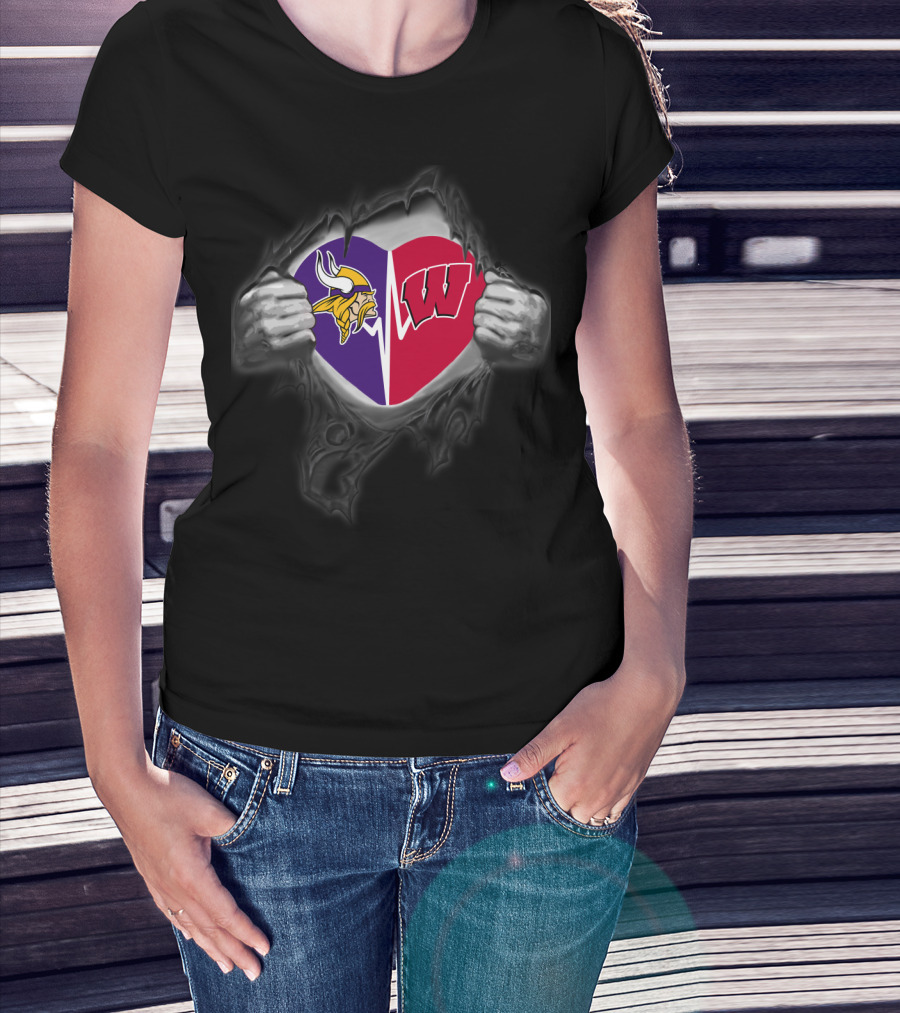 Vikings Wisconsin Badgers Split Heart Symbol T-Shirt