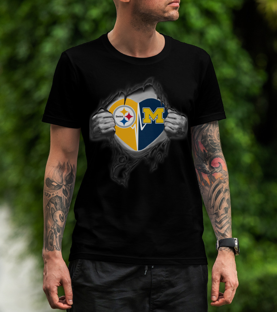Steelers Michigan Wolverines Heart Logo Fusion T-Shirt