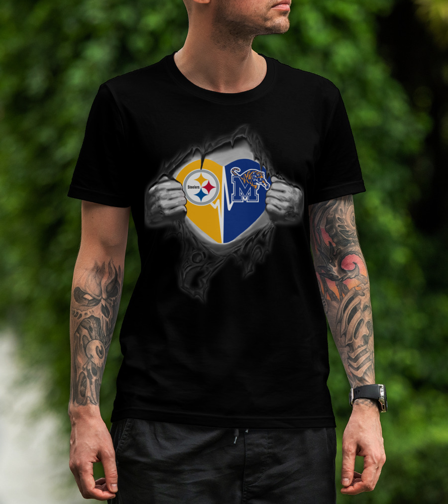 Steelers Memphis Tigers Heart Logo Fusion T-Shirt