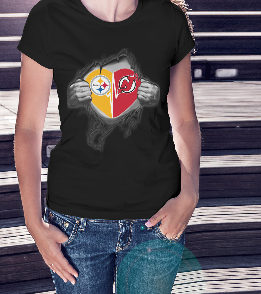 Steelers New Jersey Devils Heart Logo Fan Tribute T-Shirt