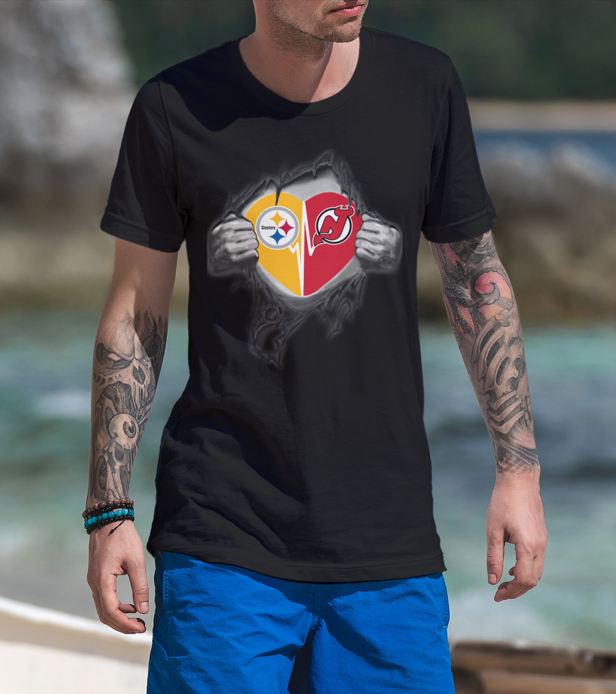 Steelers New Jersey Devils Heart Logo Fan Tribute T-Shirt