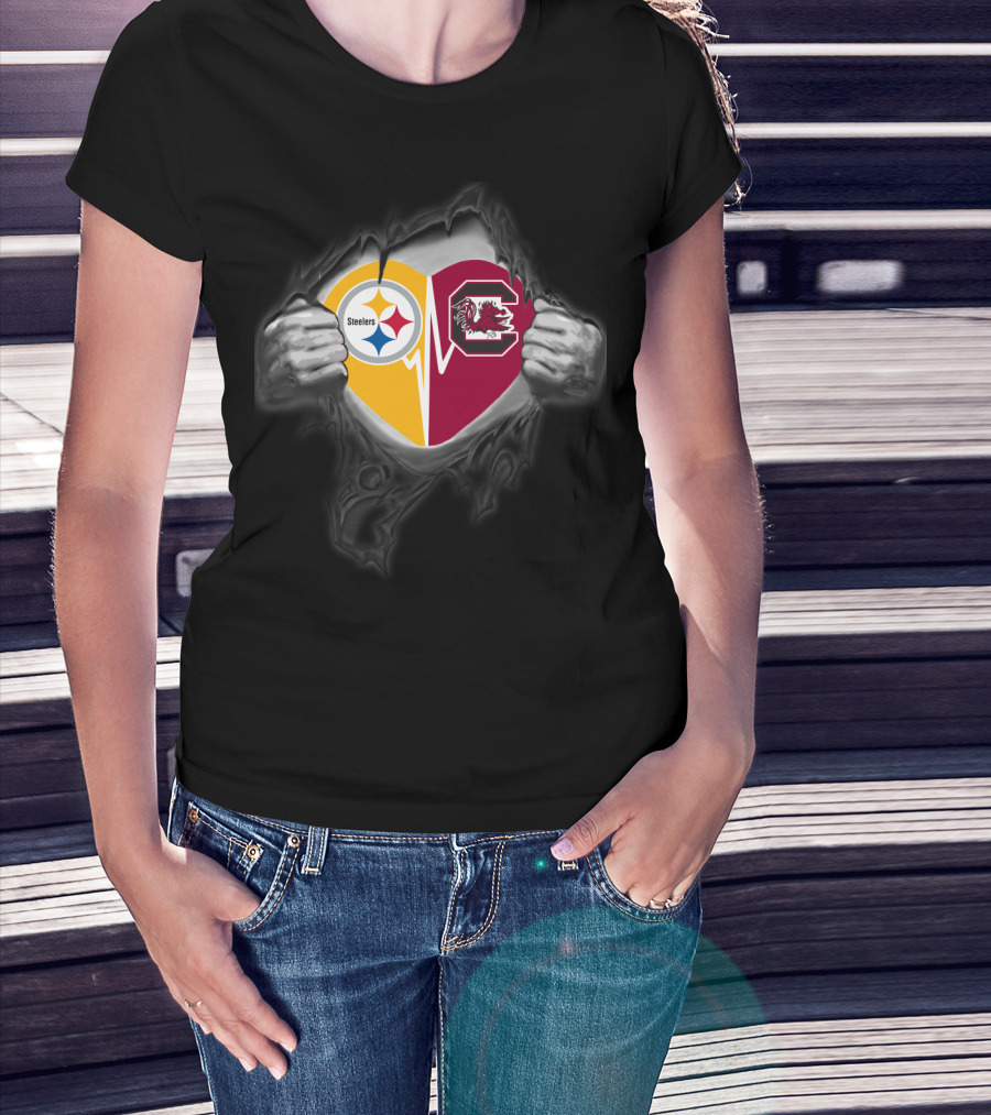 Steelers And South Carolina Gamecocks Heart Design With Ripped Hands Effect T-Shirt