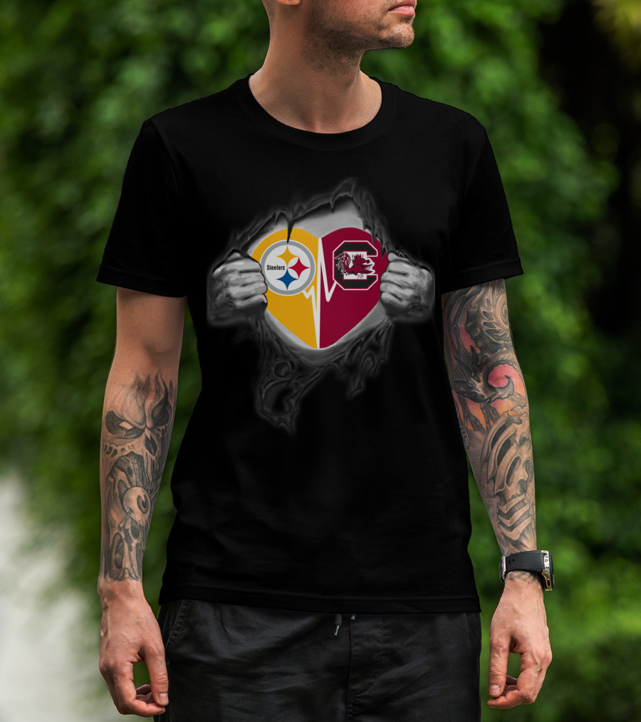 Steelers And South Carolina Gamecocks Heart Design With Ripped Hands Effect T-Shirt