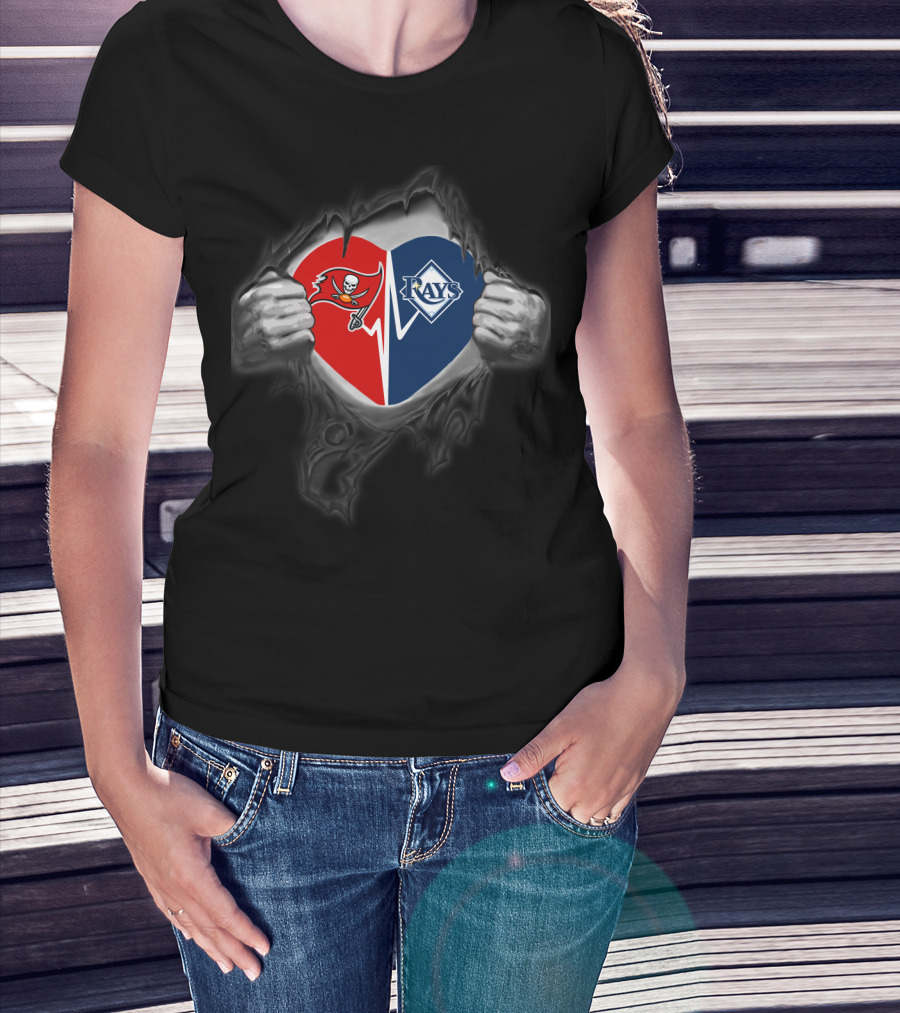 Tampa Bay Buccaneers And Rays Heart Logo Fusion T-Shirt