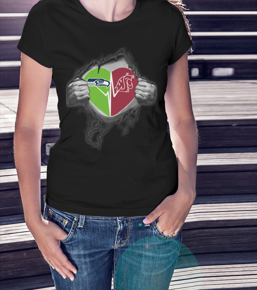 Seahawks Washington State Cougars Heart Logo Torn T-Shirt
