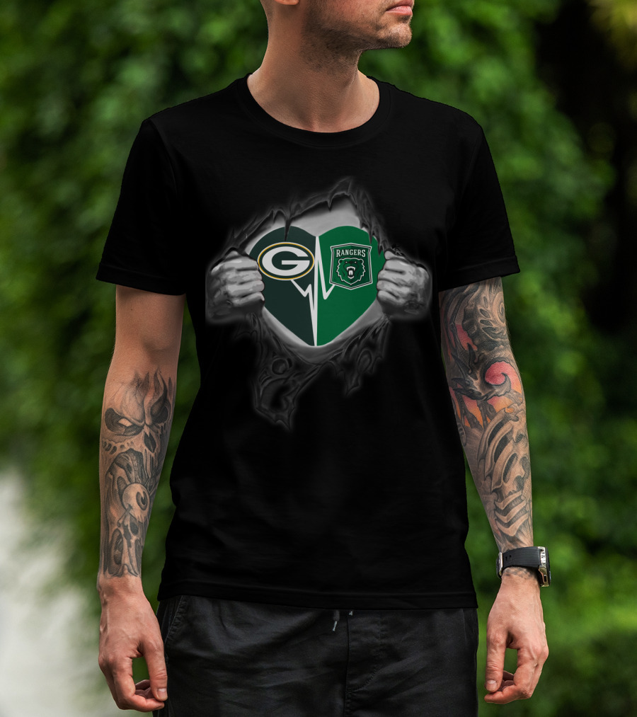 Packers Heart With Rangers Bear Green Crest T-Shirt