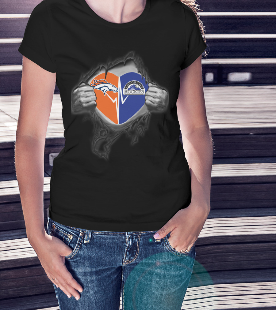 Broncos Heart With Colorado Rockies Logo Mountain T-Shirt