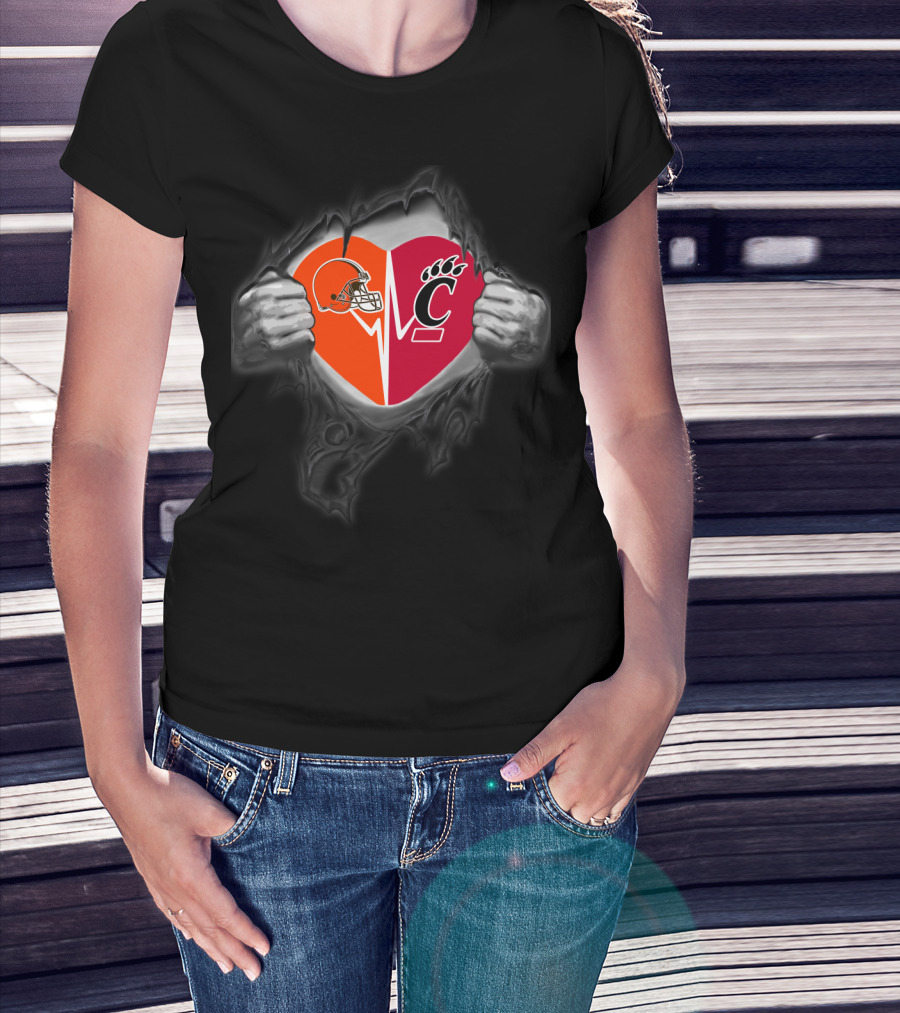 Cleveland Browns Cincinnati Bearcats Heart Football Fan Logo Combination T-Shirt