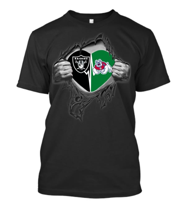 Raiders And Fresno State Bulldogs Torn Metal Heart T-Shirt