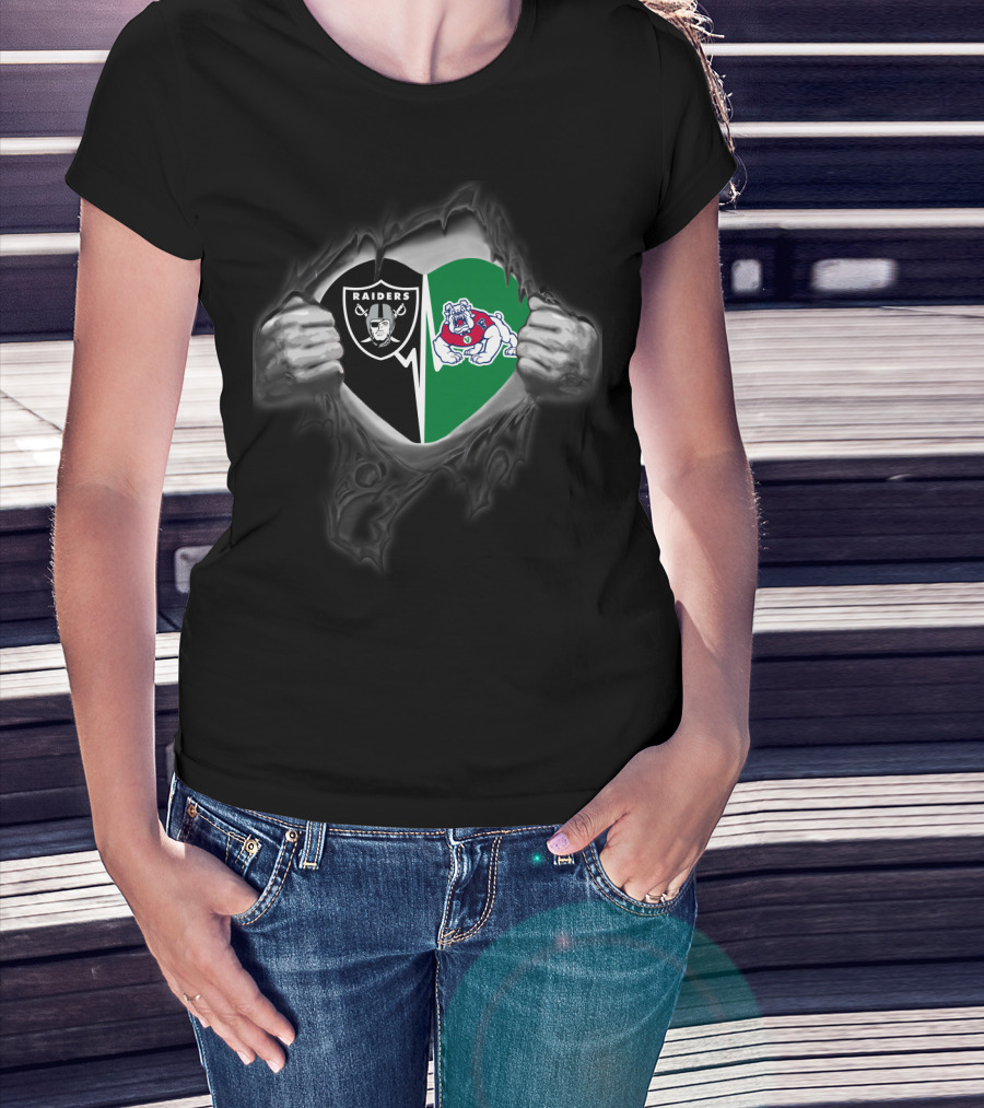 Raiders And Fresno State Bulldogs Torn Metal Heart T-Shirt