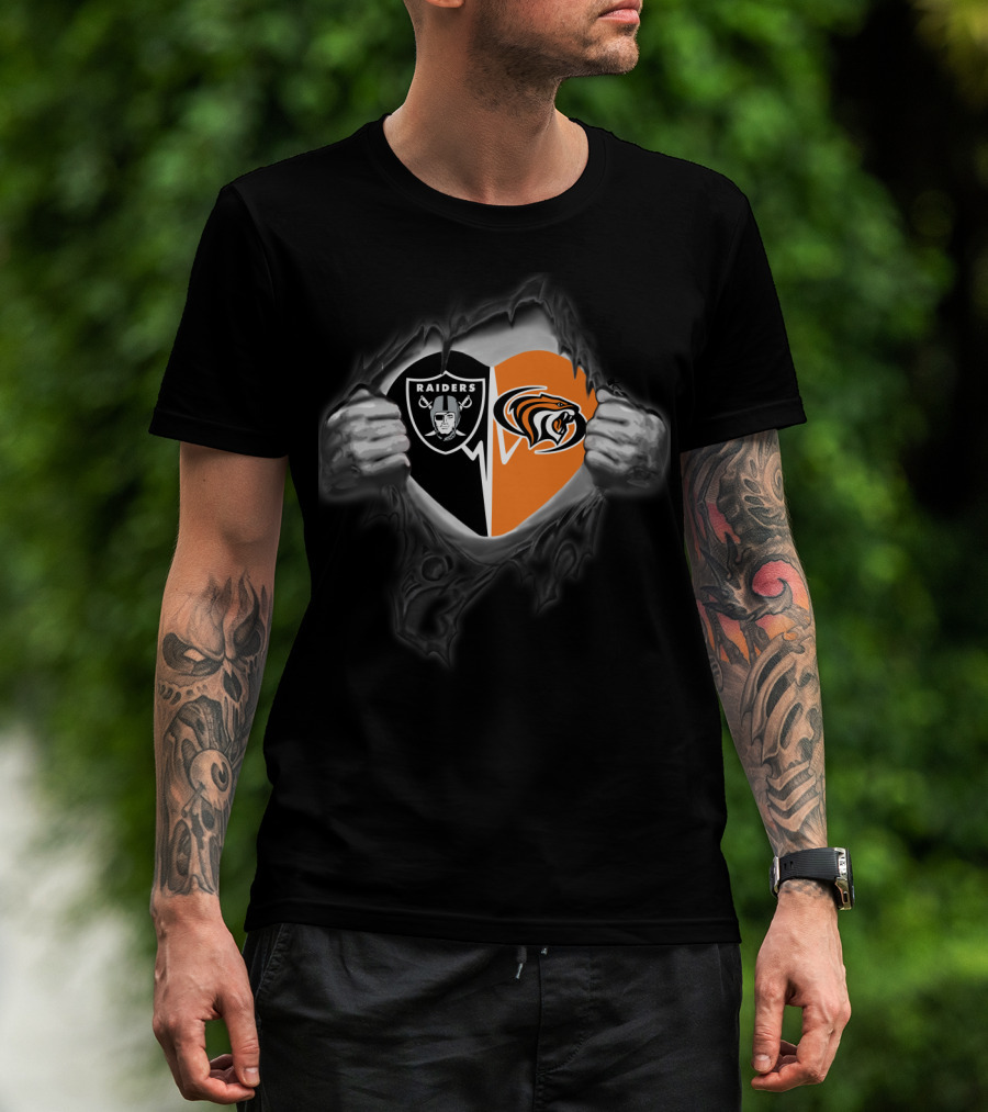 Raiders Pacific Tigers Heart Logo Fusion In Torn Fabric Effect T-Shirt