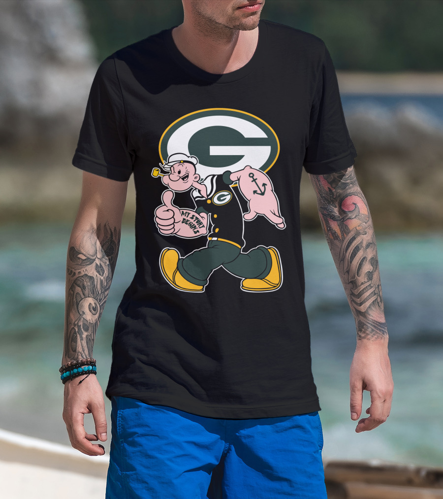 Popeye My Story Begins Green Bay Packers G Logo Anchor Tattoo T-Shirt