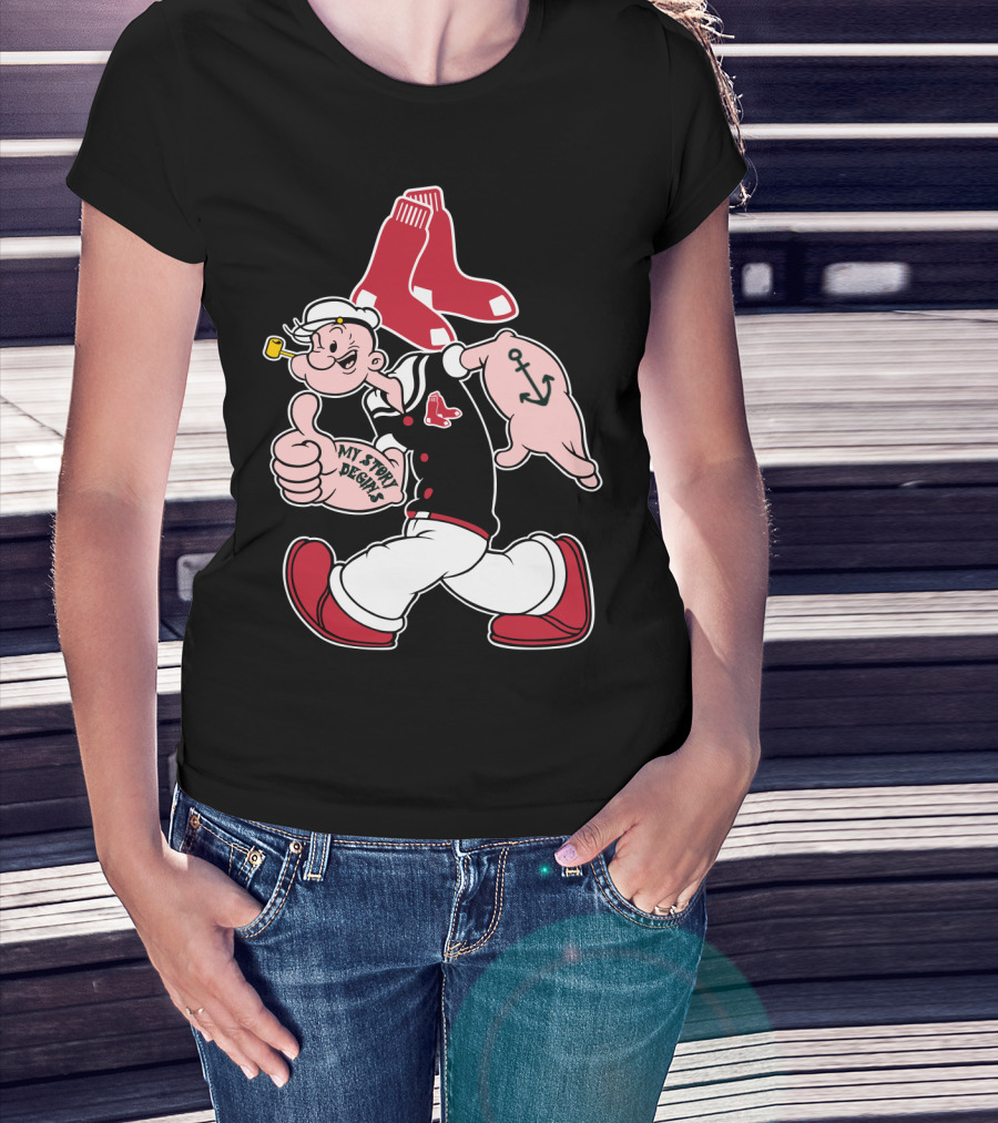 Popeye Thumbs Up Boston Red Sox Double Socks Anchor Tattoo Black T-Shirt