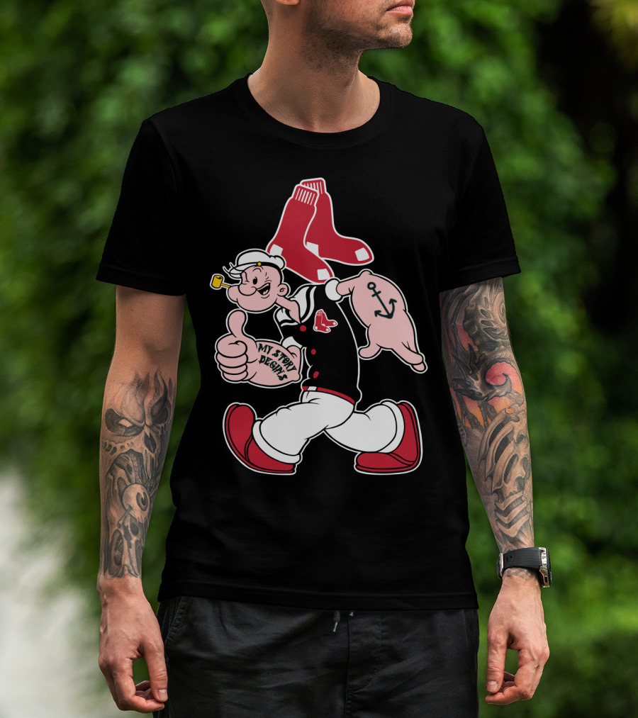 Popeye Thumbs Up Boston Red Sox Double Socks Anchor Tattoo Black T-Shirt