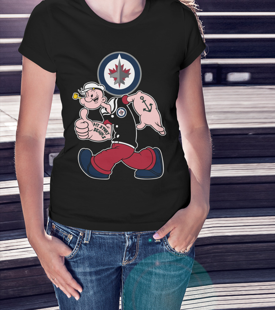 Winnipeg Jets Navy Popeye Walking With Thumbs Up And Anchor Tattoo T-Shirt