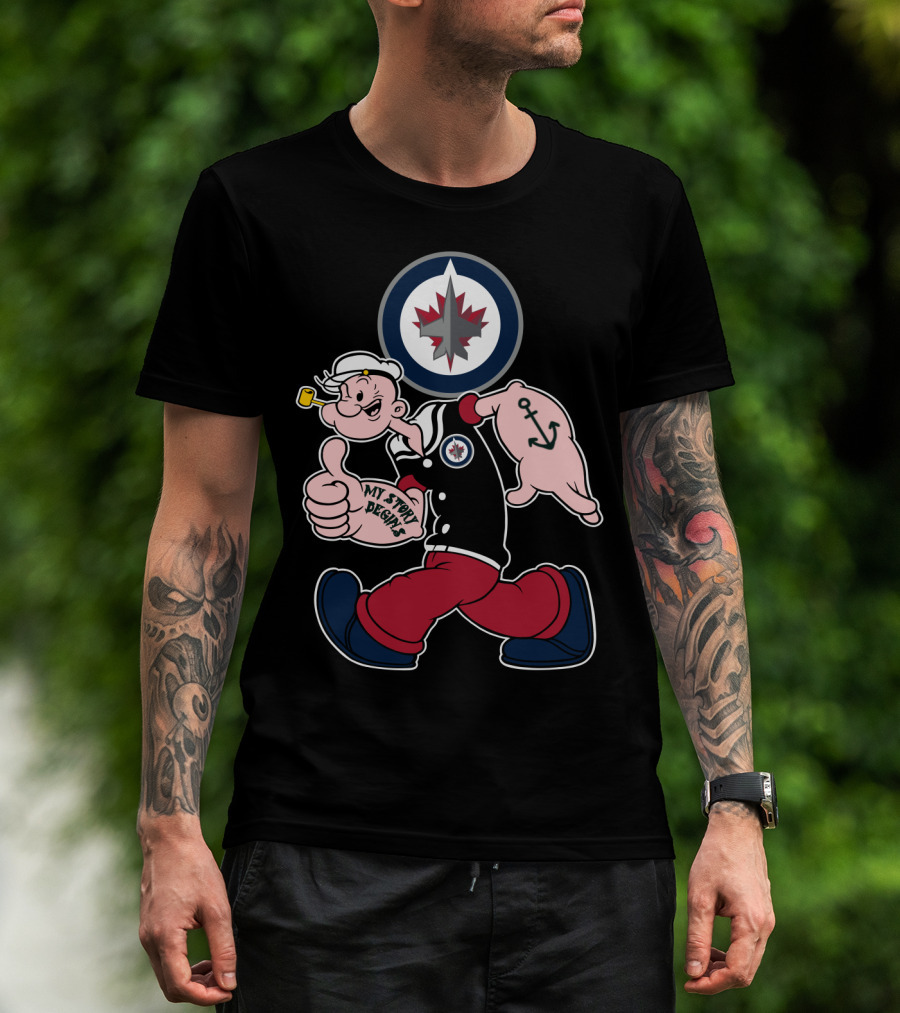 Winnipeg Jets Navy Popeye Walking With Thumbs Up And Anchor Tattoo T-Shirt