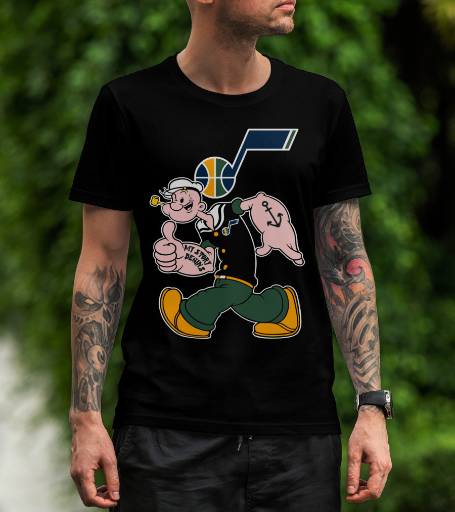 Popeye Walking With Thumb Up And Utah Jazz Basketball T-Shirt