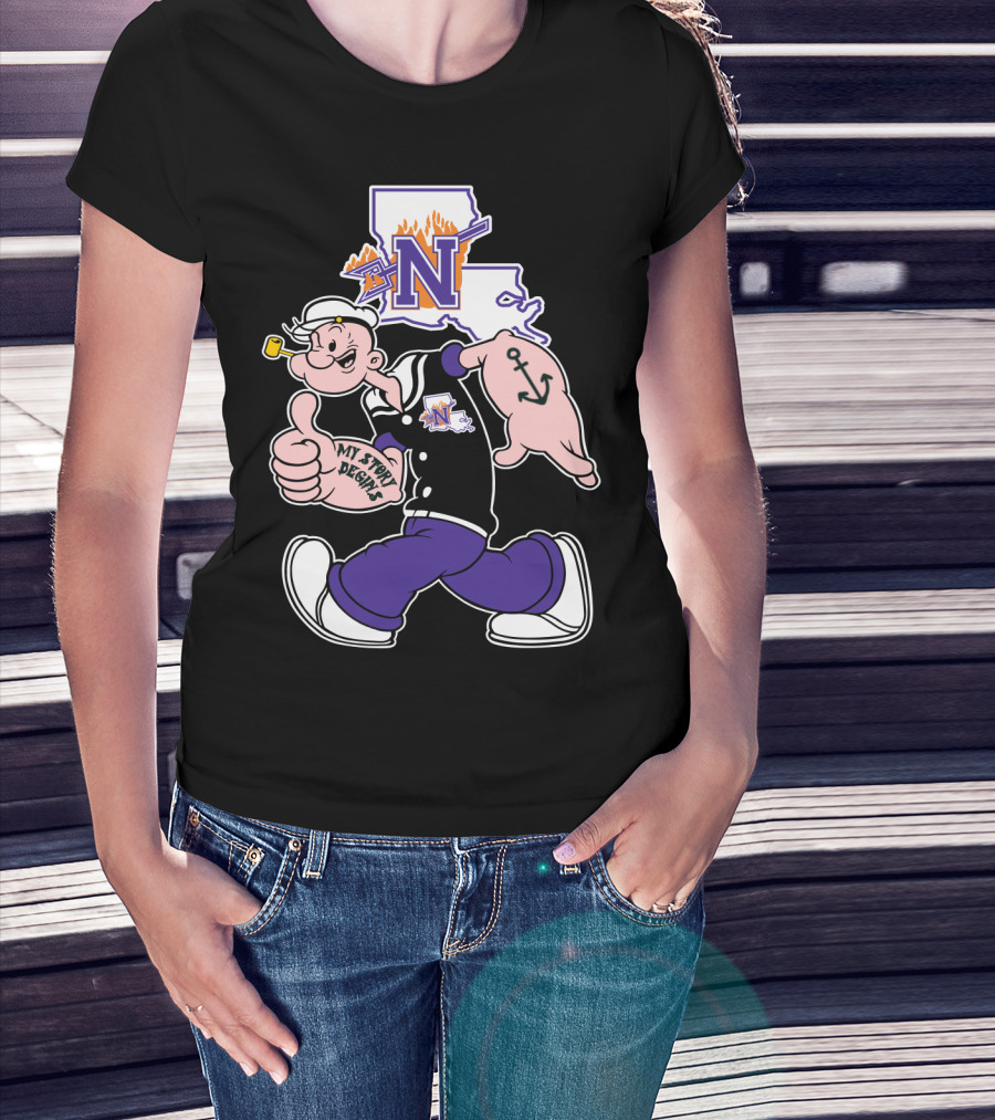 Northwestern State Demons Popeye Graphic With Louisiana State Outline T-Shirt